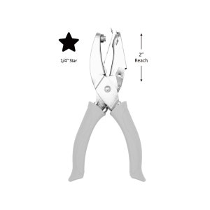 May include: A silver metal star punch with grey plastic handles. The punch creates a 1/4 inch star shape. The reach of the punch is 2 inches.