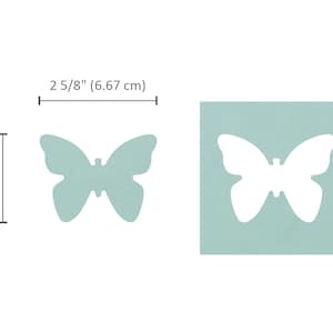 May include: Two butterfly shapes, one solid light blue and one white, are shown on a light blue background. The butterfly shapes are 2 inches tall and 2 5/8 inches wide.