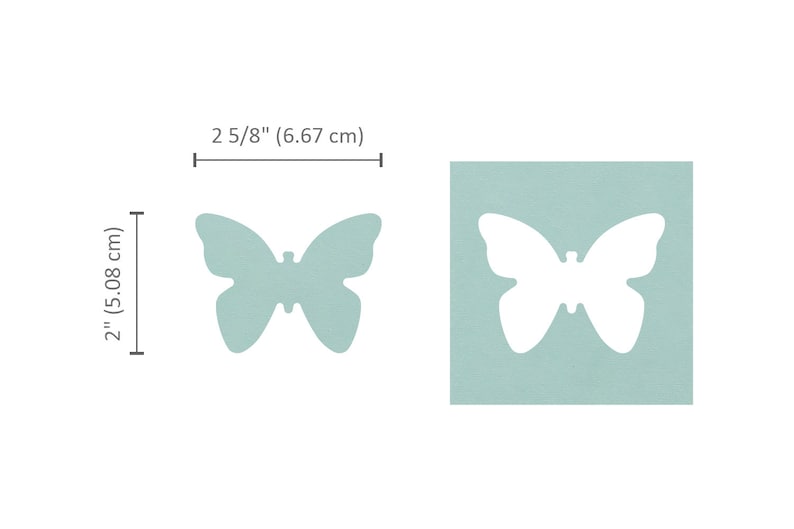 May include: Two butterfly shapes, one solid light blue and one white, are shown on a light blue background. The butterfly shapes are 2 inches tall and 2 5/8 inches wide.