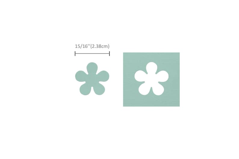 May include: A light blue square with a white flower cutout. The flower has six petals and a center circle. The square measures 15/16" (2.38 cm) across.