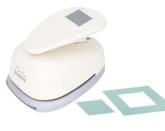 May include: A white and gray square paper punch with a matching cut-out and a punched-out square. The punch has a lever and a gray base. The brand name "bitabira" is printed on the side.
