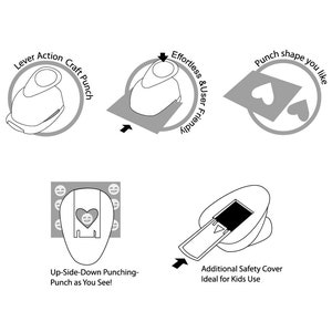 May include: A black and white illustration demonstrating how to use a heart-shaped craft punch. The punch is shown in various positions, including how to punch out multiple hearts consecutively. The illustration also features a safety cover for the punch.