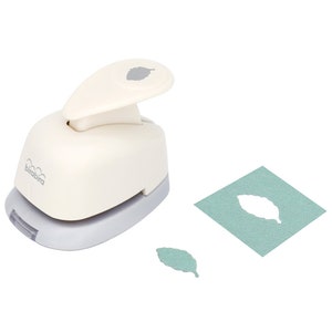 May include: White paper punch with a leaf design. The punch is on a white background with a sample leaf cutout on a light blue piece of paper.