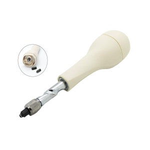 May include: Ivory-coloured hand drill with a silver metal shaft and a black drill bit. The handle is a smooth, rounded shape. A smaller inset image shows the drill's internal components and small drill bits.