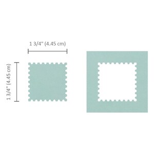 May include: Two square, light teal postage stamp cutouts, each measuring 1 3/4 inches (4.45 cm) on each side. One is a solid square, and the other has a square cut out of the center, with a scalloped edge.