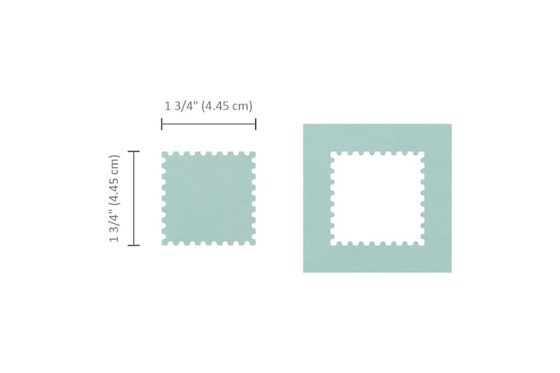 May include: Two square, light teal postage stamp cutouts, each measuring 1 3/4 inches (4.45 cm) on each side. One is a solid square, and the other has a square cut out of the center, with a scalloped edge.