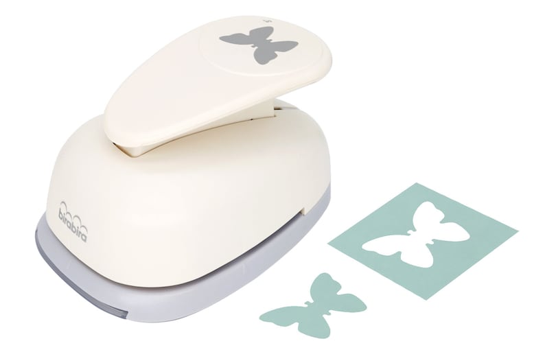 May include: White butterfly paper punch with a gray butterfly design on the top. The punch is on a white background with two butterfly cutouts on a light green background.