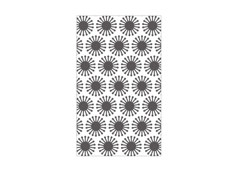May include: A white background with a repeating pattern of dark grey stylised flowers. Each flower has a circle in the centre and 12 petals radiating outwards.