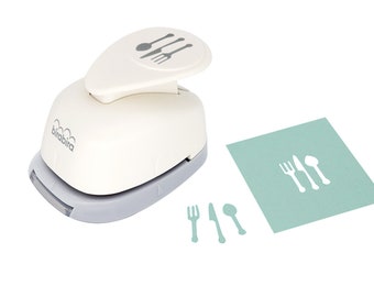 May include: White paper punch with a gray handle. The punch is shaped like a cloud and has a design of a fork, knife, and spoon on the top. The punch is next to a light blue piece of paper with a white outline of a fork, knife, and spoon. There are three individual cutouts of a fork, knife, and spoon below the punch.