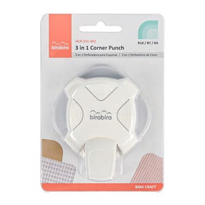 May include: White 3 in 1 corner punch with rounded edges. The punch has three different sized corner punches, R10, R7, and R4. The packaging is white with a red and green accent.