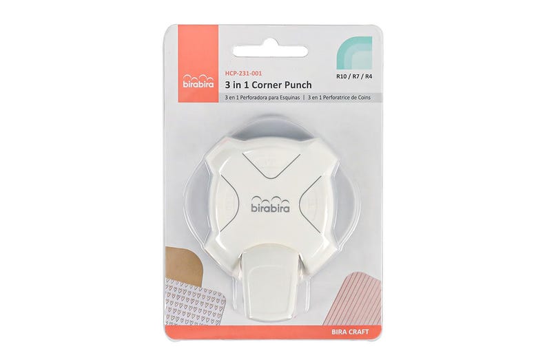 May include: White 3 in 1 corner punch with rounded edges. The punch has three different sized corner punches, R10, R7, and R4. The packaging is white with a red and green accent.