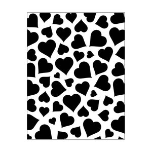 Puede incluir: Un patr&oacute;n de corazones en blanco y negro. Los corazones son de varios tama&ntilde;os y est&aacute;n dispuestos en un patr&oacute;n aleatorio.