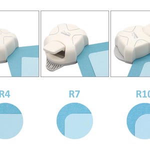 May include: Three white corner rounder tools with different radius sizes, R4, R7, and R10, shown with blue paper samples demonstrating the rounded corners.