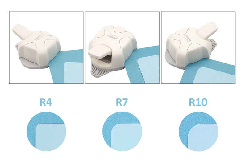 May include: Three white corner rounder tools with different radius sizes, R4, R7, and R10, shown with blue paper samples demonstrating the rounded corners.
