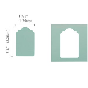 May include: A light green tag with a scalloped top and a blank space for writing. The tag measures 3 1/4 inches by 1 7/8 inches.