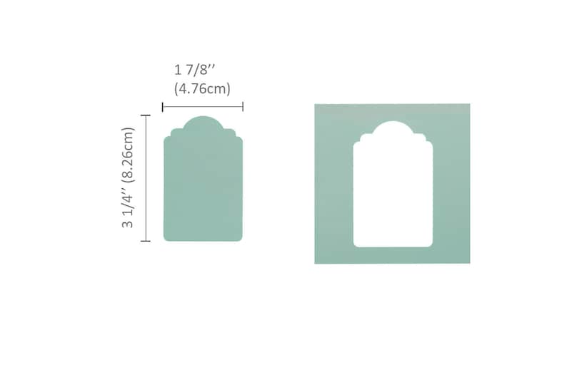 May include: A light green tag with a scalloped top and a blank space for writing. The tag measures 3 1/4 inches by 1 7/8 inches.