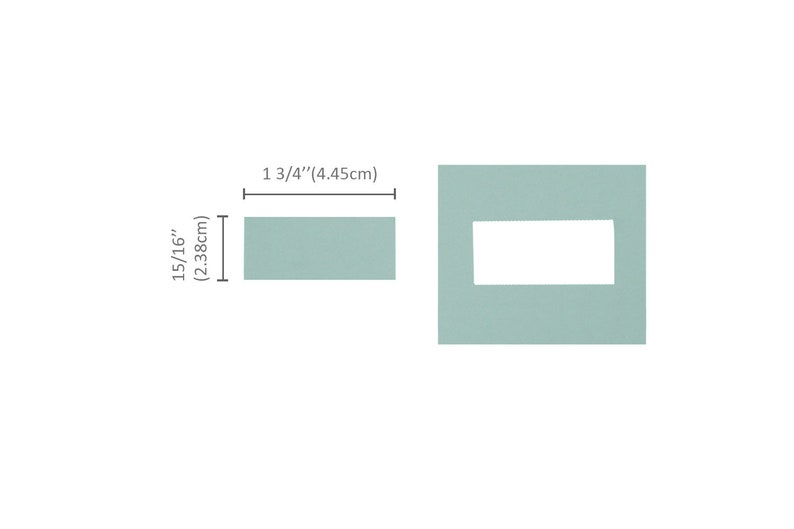 May include: A light blue rectangular wall plate with a rectangular cutout in the centre. The plate measures 1 3/4 inches by 15/16 inches.
