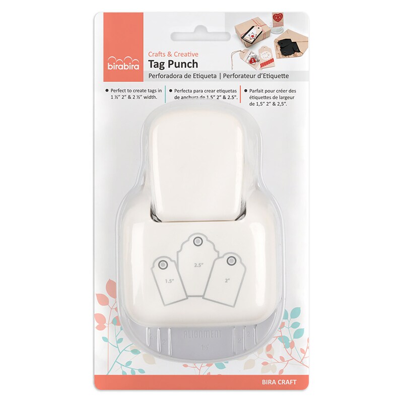 May include: White tag punch with three different sized tag shapes. The punch creates tags in 1.5 inches, 2 inches, and 2.5 inches. The punch is packaged in a clear plastic clamshell.