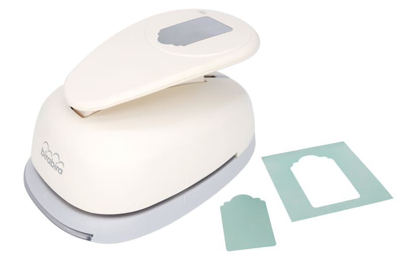 May include: White paper punch with a gray handle and a silver label that says "birabira". The punch is used to create a tag shape with a rounded top and a straight bottom. The punch is shown with a sample tag that has been punched out.