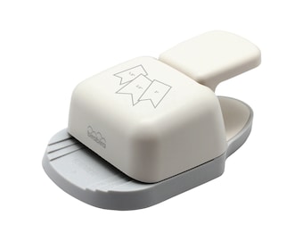 May include: White paper punch with a grey base. The punch creates three different sizes of banner shapes: 1.2 cm, 1.6 cm, and 1.9 cm. The punch is labelled "birdbirra" and "alignment" on the base.