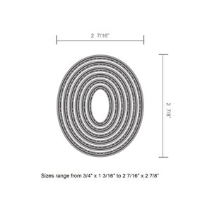 May include: A set of 7 oval-shaped metal cookie cutters, ranging in size from 3/4 inches by 1 3/16 inches to 2 7/16 inches by 2 7/8 inches.