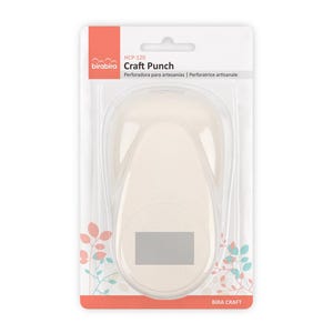 May include: A white craft punch packaged in a clear plastic blister pack with a pink and white label. The label reads "Craft Punch" and "bira craft".