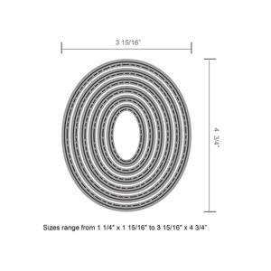 May include: A set of eight oval-shaped metal dies for crafting. The dies range in size from 1 1/4 inches by 1 15/16 inches to 3 15/16 inches by 4 3/4 inches.