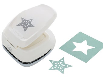May include: White paper punch with a gray star design on the top. The punch is open and a small, light blue star with a white center is punched out. The punch says "1/2" Plus" on the side.