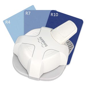 May include: A white paper punch with a grey base and a white lever. The punch is labelled "birdie". The punch is shown with three different coloured paper samples: light blue, blue, and dark blue.