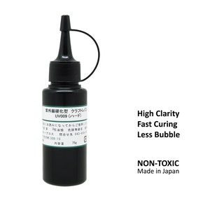 May include: A black bottle of UV009 hard craft resin with a dropper top and a green label. The label reads "UV009 (Hard)" and includes instructions for use. The bottle is labeled "High Clarity, Fast Curing, Less Bubble, Non-Toxic, Made in Japan".
