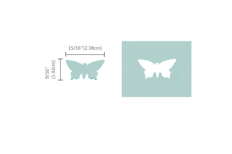 May include: A light blue butterfly die cut measuring 1 15/16 inches wide by 9/16 inches tall. The butterfly is shown against a light blue background.