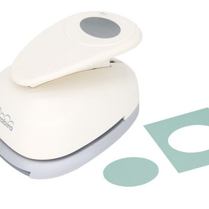 May include: White circle punch with a gray handle and a gray circle on the top. The punch is next to a light green circle and a light green square with a circle cut out.