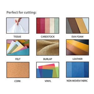 Puede incluir: Un collage de diferentes materiales, incluyendo papel de seda, cartulina, espuma EVA, fieltro, arpillera, cuero, corcho, vinilo y tejido no tejido. Los materiales est&aacute;n dispuestos en una cuadr&iacute;cula con el nombre de cada material escrito debajo.
