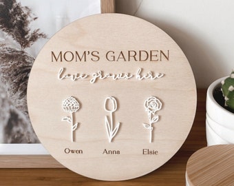 Garden Love Grows Here Birth Flowers 1-4 Names | 7.5 inch/19 cm | Mom's Garden | Love Grows Here | Gift for Mom, Grandma, Nanny | Birth Sign