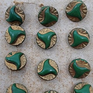 Vintage Green & Gold Glass Buttons: Set of 12 on Original Card