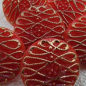 Vintage Czech Red Glass Buttons: Gold Loopy Design, Set of 6