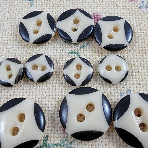 Vintage Black and Cream Oval Eye Sew Through Painted Stencil China Buttons - Mixed Lot of 10