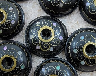 Vintage Antique Horn Domed Whistle Buttons with Pearl and Brass Inlay - Set of 8