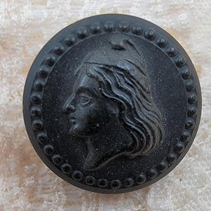 Vintage Antique Lady Liberty NRC Goodyear Black Rubber Button with Brass Shank