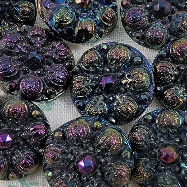 Vintage Tulip Floral Design Iridescent Black Glass Buttons with Brass Plate and Loop Shanks - Set of 9