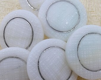 Vintage Czech White Crosshatch Pattern Glass Buttons with Self Shanks - Set of 6
