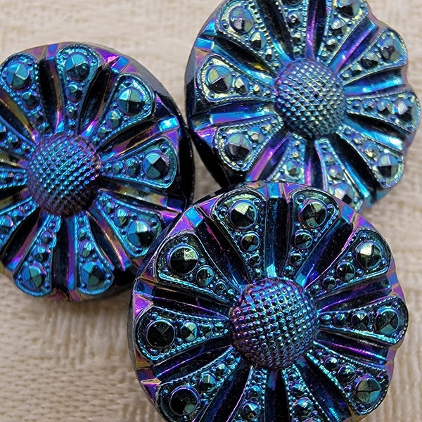 Vintage Czech Flower Shape Iridescent Lustre Black Glass Buttons with Self Shanks - Set of 3