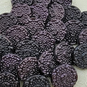 Vintage Purple Luster Abstract Floral Design Black Glass Buttons with Self Shanks - Set of 10