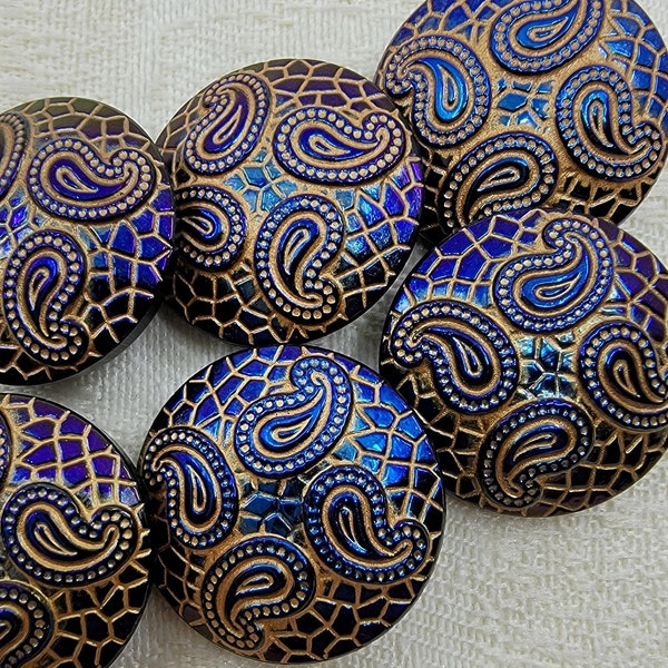 Vintage Czech Iridescent Blue Purple Gold Lustre Paisley Design Black Glass Buttons with Metal Shanks - Set of 6