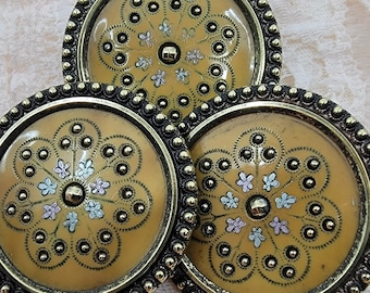 Vintage Celluloid Ivoroid and Brass Floral Design Buttons with Brass Shanks - Set of 3