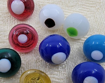 Vintage Antique Colored Glass Swirlback Buttons with Different Color Accents and Brass Shanks - Mixed Lot of 9