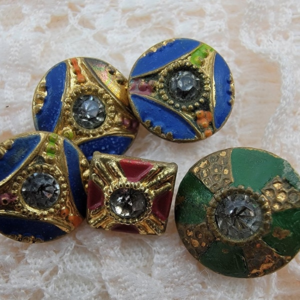Vintage Antique Enamel on Metal Center Jewel Buttons - Mixed Set of 5