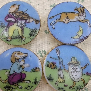 Vintage Lois Calkins Ceramic Nursery Rhyme Buttons "Hey Diddle Diddle" - Set of 4