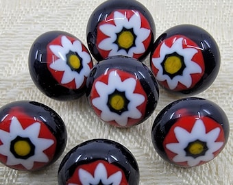 Vintage Dark Blue Millefiori Red White Floral Design Glass Buttons with Attached Brass Shanks - Set of 7