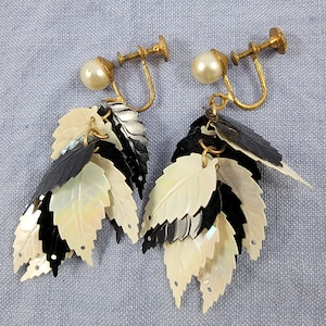 Vintage Black and White Feather Screw Back Earrings